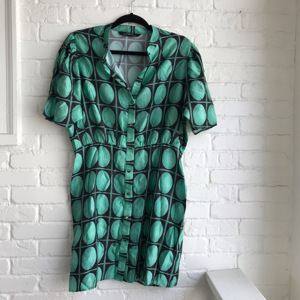 Zara Green and Black Geometric Button-Front Dress